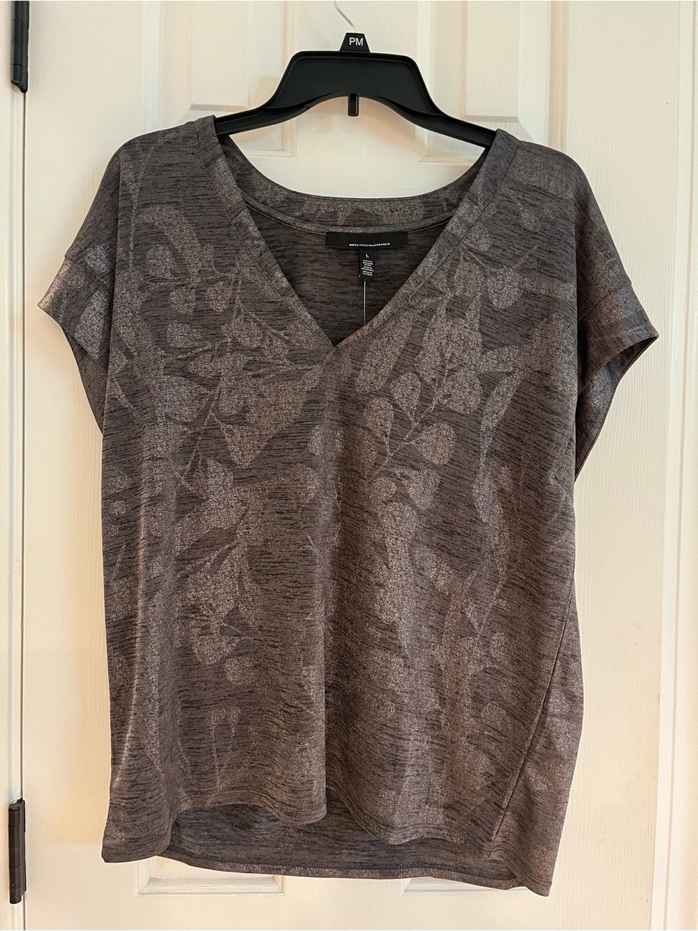 White House Black Market Heather Gray Floral V-Neck Short Sleeve Top